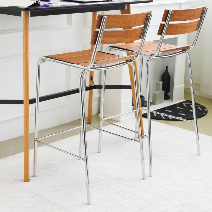 Modern Armless Backrest Counter Stool Iron Bar Stool with Wooden Seat and Pedal for Cafe