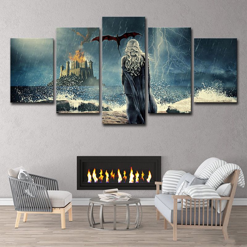 Rainy Night Castle Wall Art Kids Mysterious Game Scene Canvas in Blue for Living Room