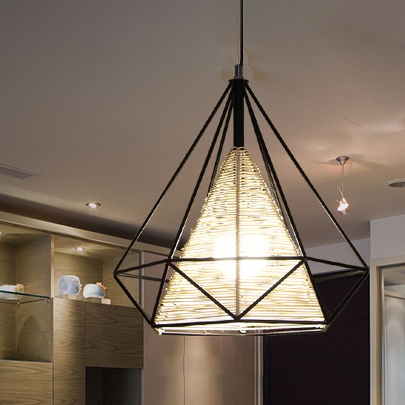 15 "/18" /19.5 "Costán colgante de ratán de diamante de ancho moderno 1 luz de techo colgante de color beige para la isla de cocina