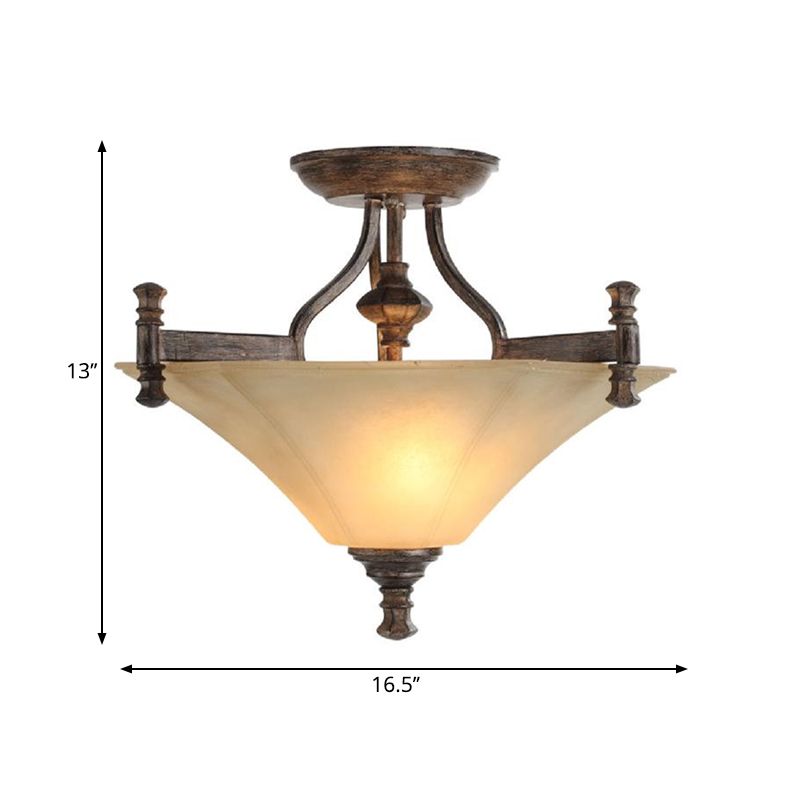 3-Bulb Flushmount Lamp Classic Triangle-Like Ribbed Glass Semi-Flush Ceiling Light in Coffee