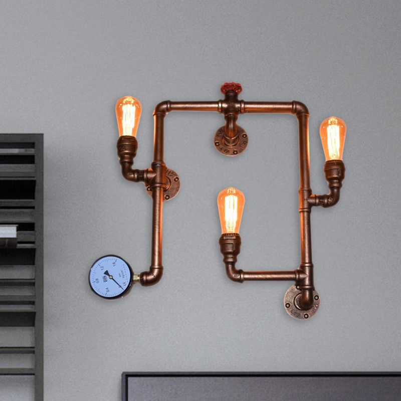 3-Head Iron Sconce Light Industrial Copper Finish Twisted Living Room Wall Mount Pipe Lamp with Gauge Deco