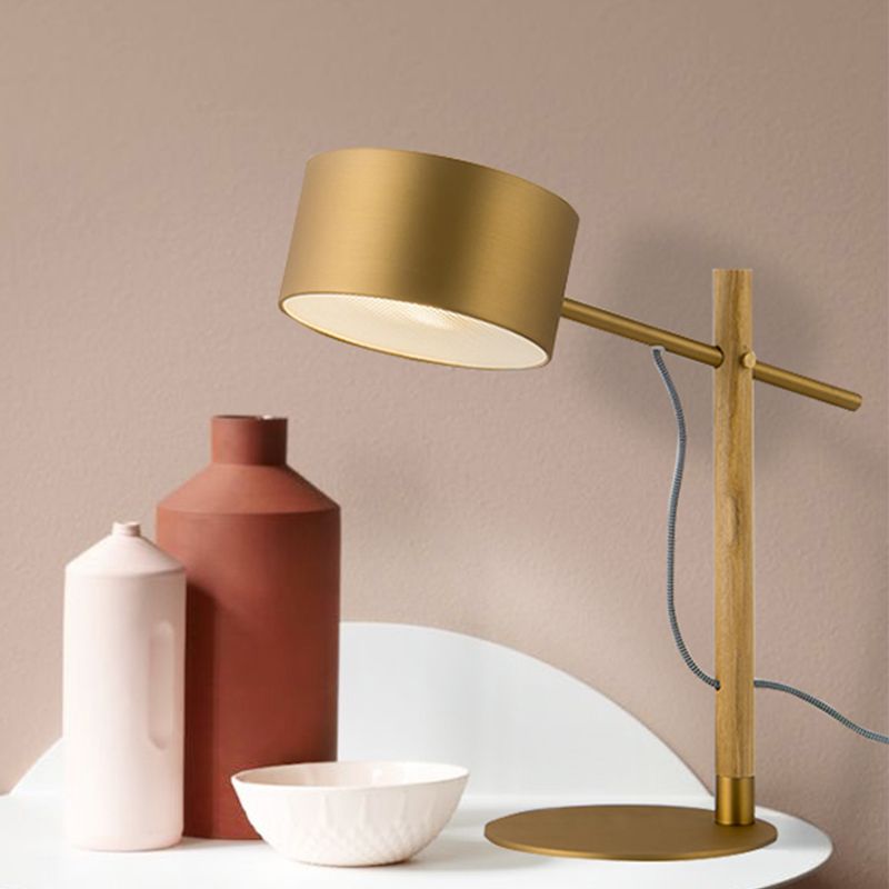 1 Light Drum Shade Wood Table Lamp Colonialism Gold Aluminum Night Light with Base for Bedside