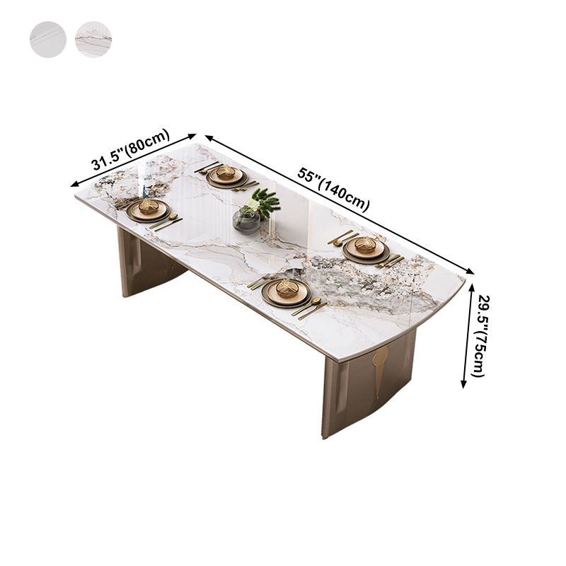 Mesa de comedor de lujo con tapa de piedra sinterizada, mesa rectangular con pedestal doble dorado