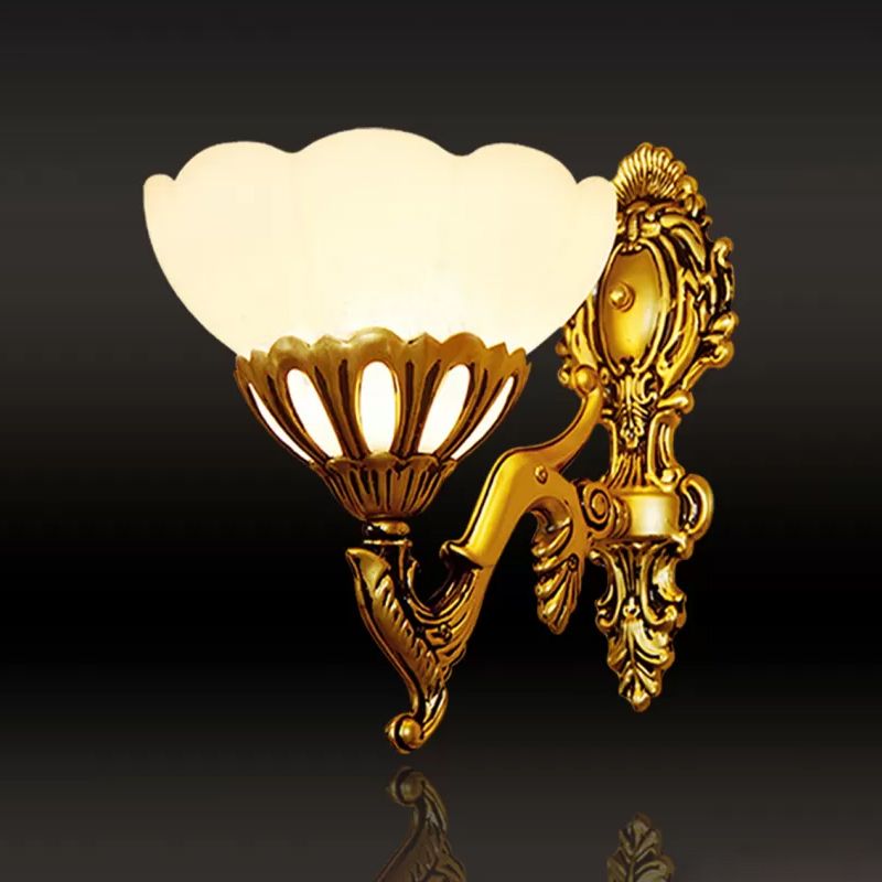 Scalloped Bedroom Wall Light Kit Traditional Cream Glass 1 Head Antiqued Bronze Wall Mount Lamp