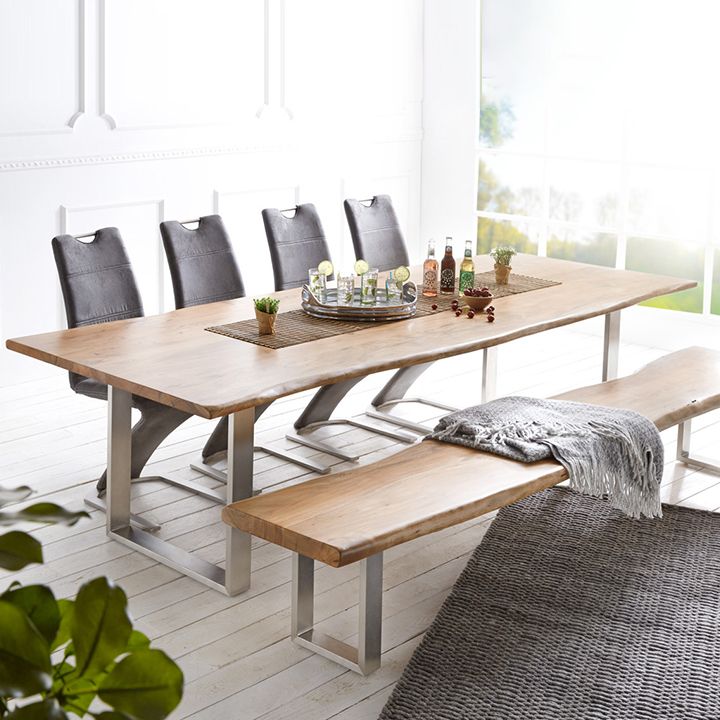 Modern Pine Wood Table for Restaurant Rectangle Dining Table with Silver Double Pedestal