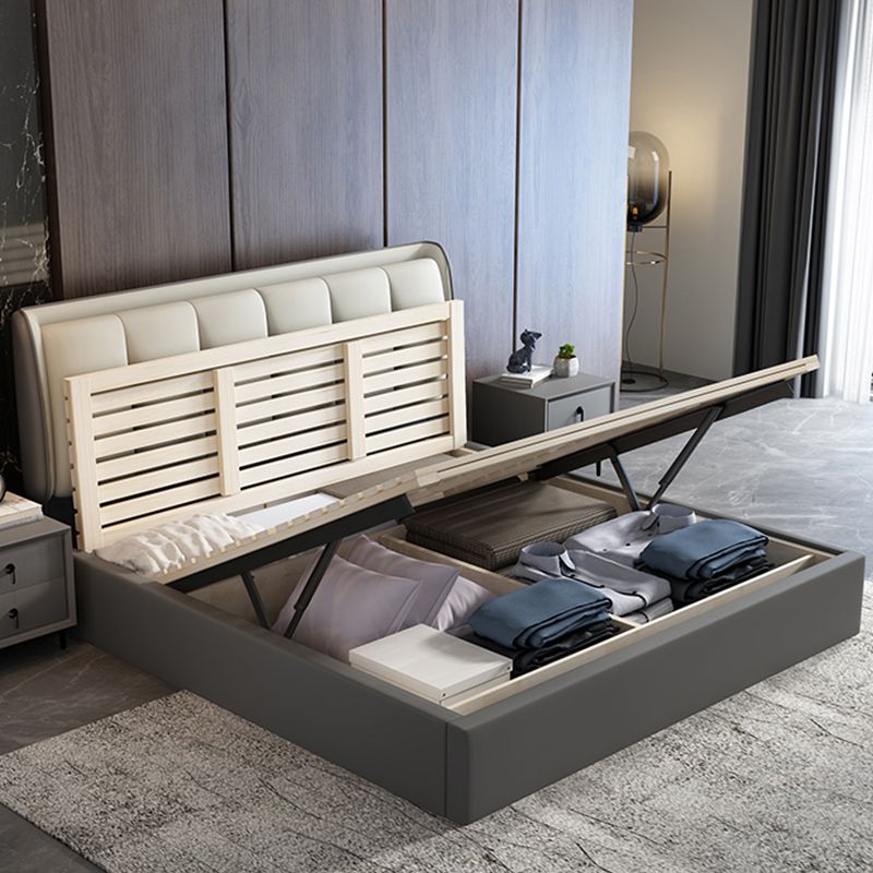 Grey Rectangular Headboard Standard Bed with Wooden Legs Bed