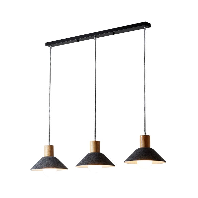 Felt Grey Pendant Lighting Conical 3 Lights Industrial Suspension Light for Dining Room with Wooden Cap