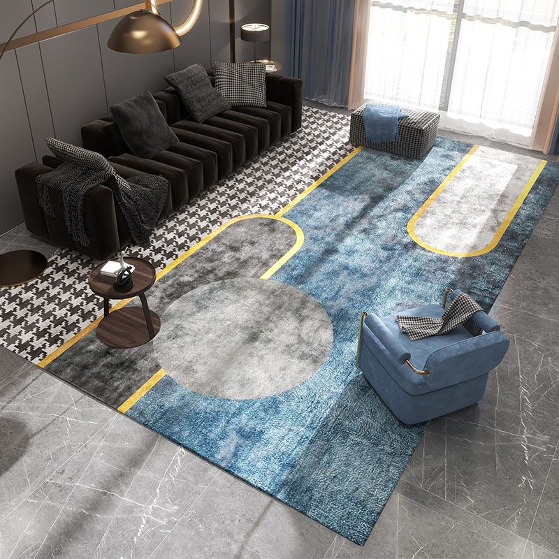 Contemporary Blue Tone Rug Contrast Panel Rug Polyster Stain Resistant Carpet for Living Room