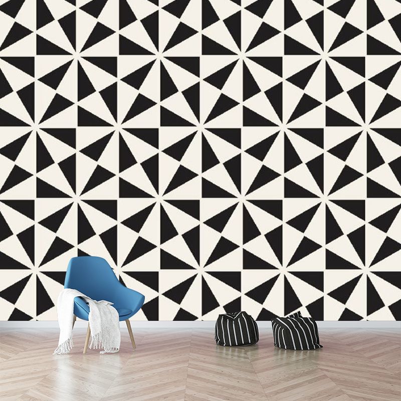 Contemporary Triangle Mural Wallpaper Black-White Floral Print Wall Decoration for Bedroom