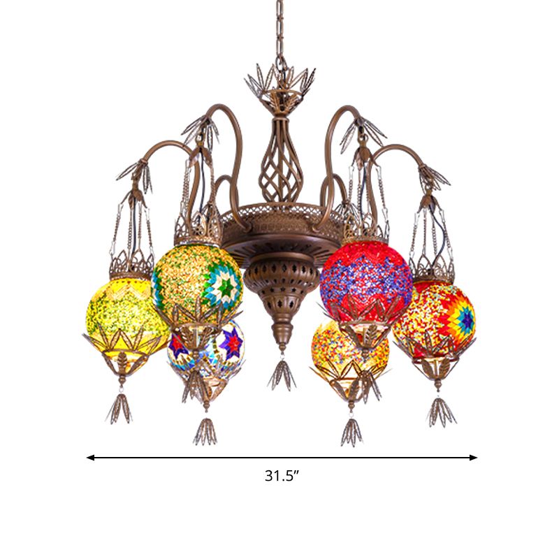 6 Lights Globe Hanging Chandelier Moroccan Brass Cut Glass Suspension Pendant for Dining Room