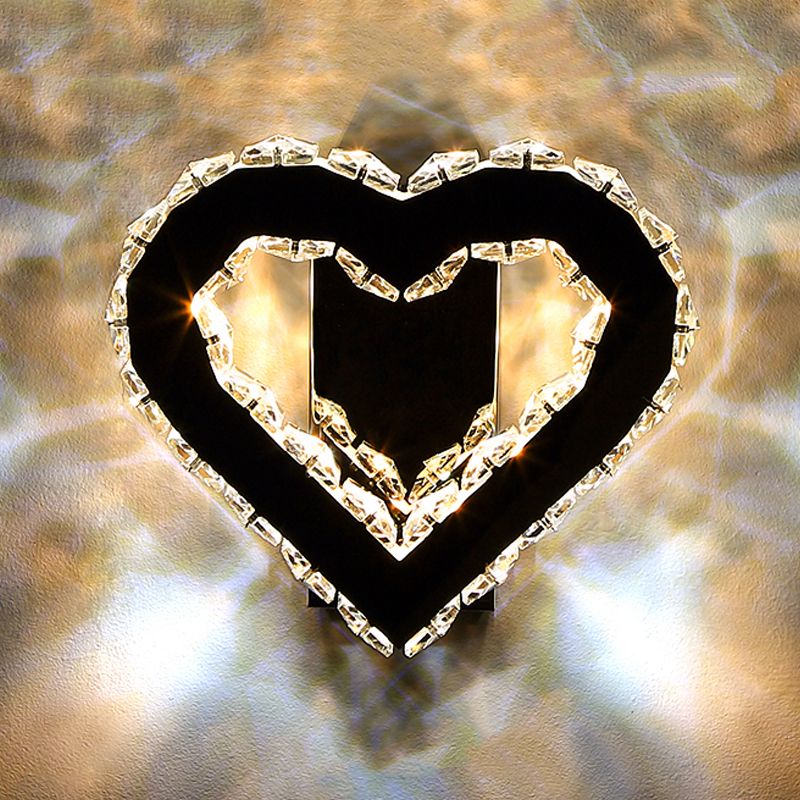 LED Loving Heart Wall Hanging Light Modernism Black Faceted Crystal Wall Lighting Ideas for Bedroom
