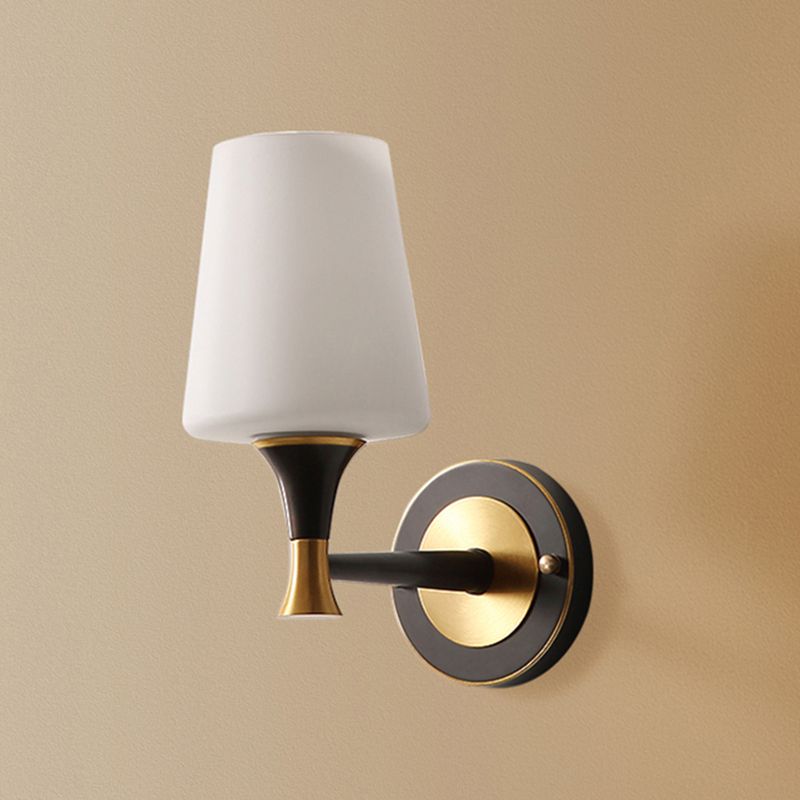 Conical White Glass Wall Lighting Minimalist 1 Bulb Bedside Sconce Fixture in Black and Brass