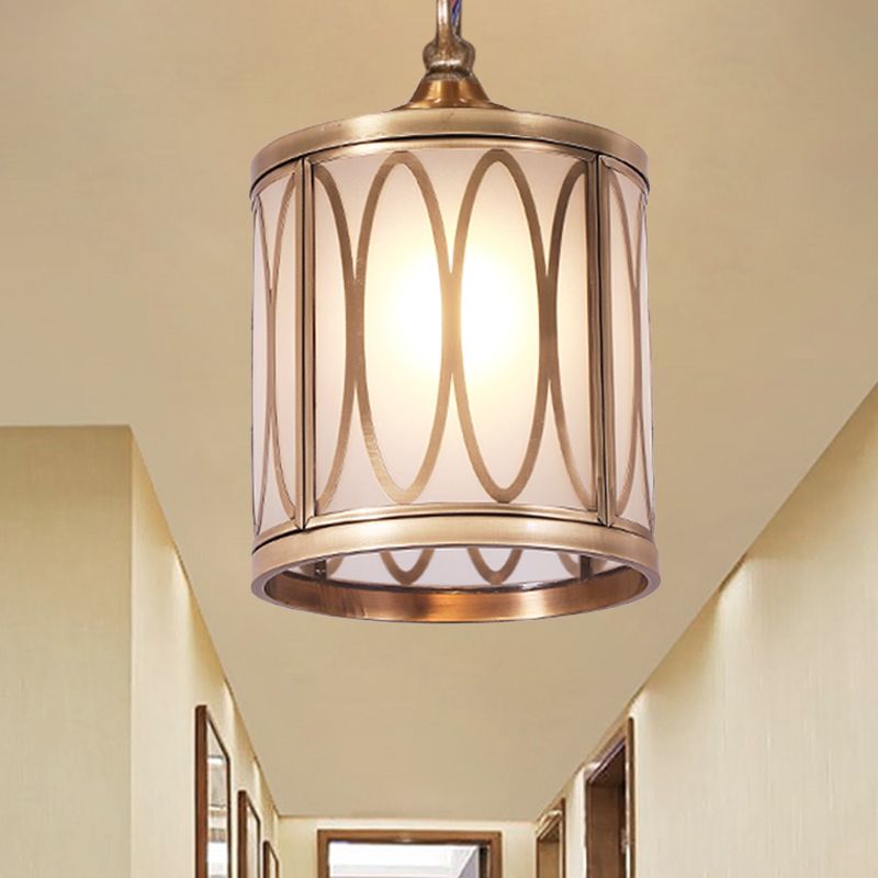 Cylindrical Opal Glass Hanging Light Kit Rural 1 Head Hallway Suspension Pendant Lamp with Circle/Oval Pattern