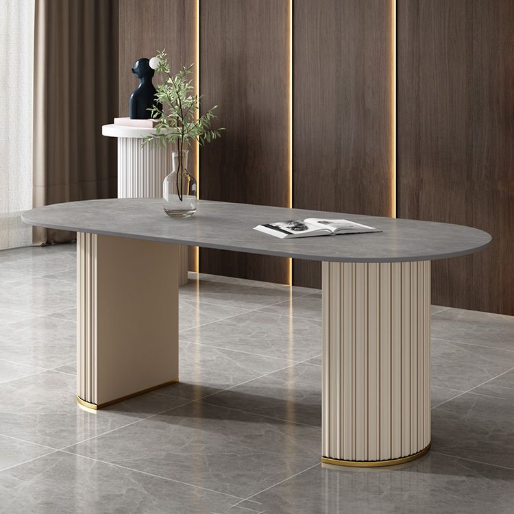 Tavolo da pranzo ovale moderno tavolo da pranzo in pietra sinterizzato con doppio piedistallo bianco