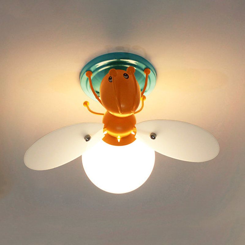 Kids Firefly White Glass Semi Flush 1 Bulb Ceiling Flush Mount Light in Orange for Corridor