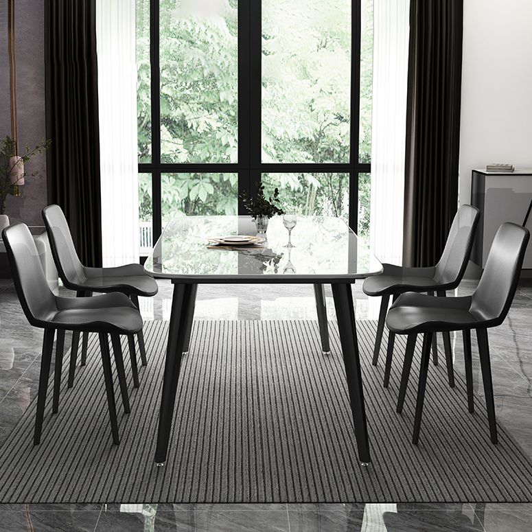 Contemporary Style Marble Dining Set with White Table and 4 Black Legs Base for Home Use