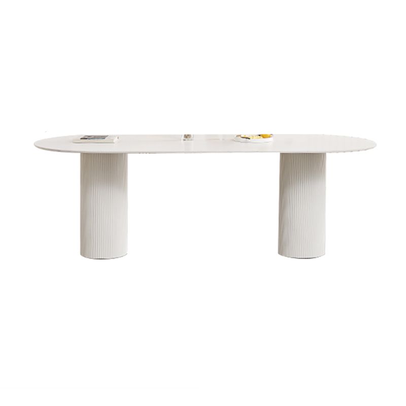 White Oval Dining Table Stone Top Dining Table with Double Pedestal