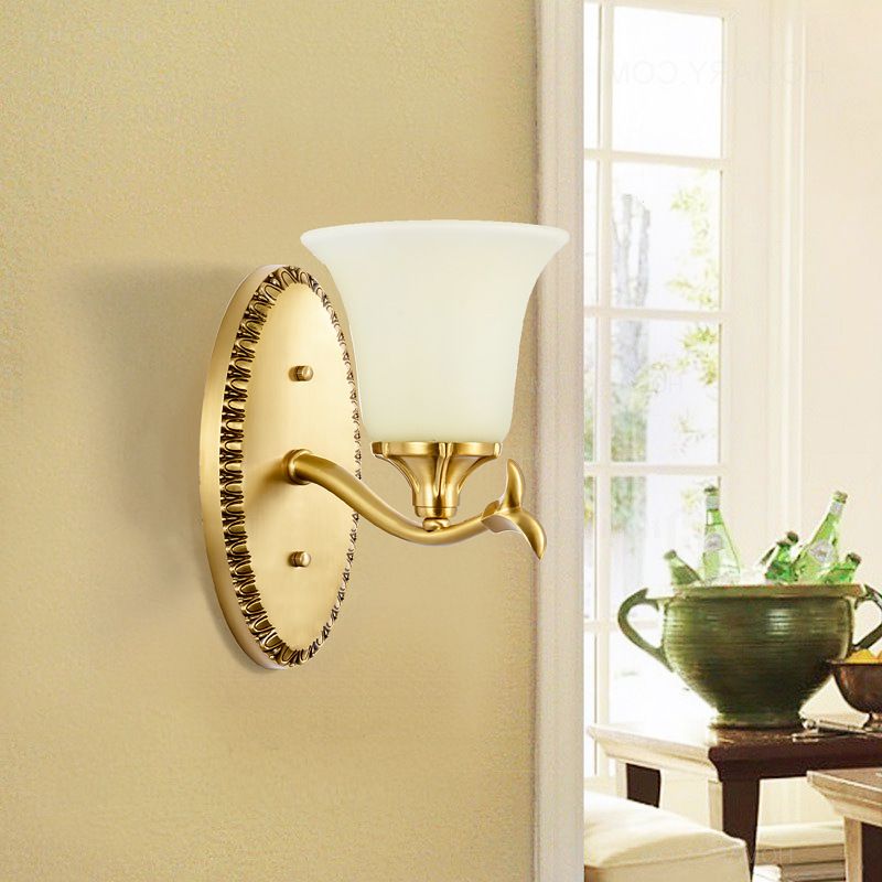 Countryside Bell Wall Lighting 1/2-Light Cream Glass Wall Mounted Lamp with Oval Backplate in Brass