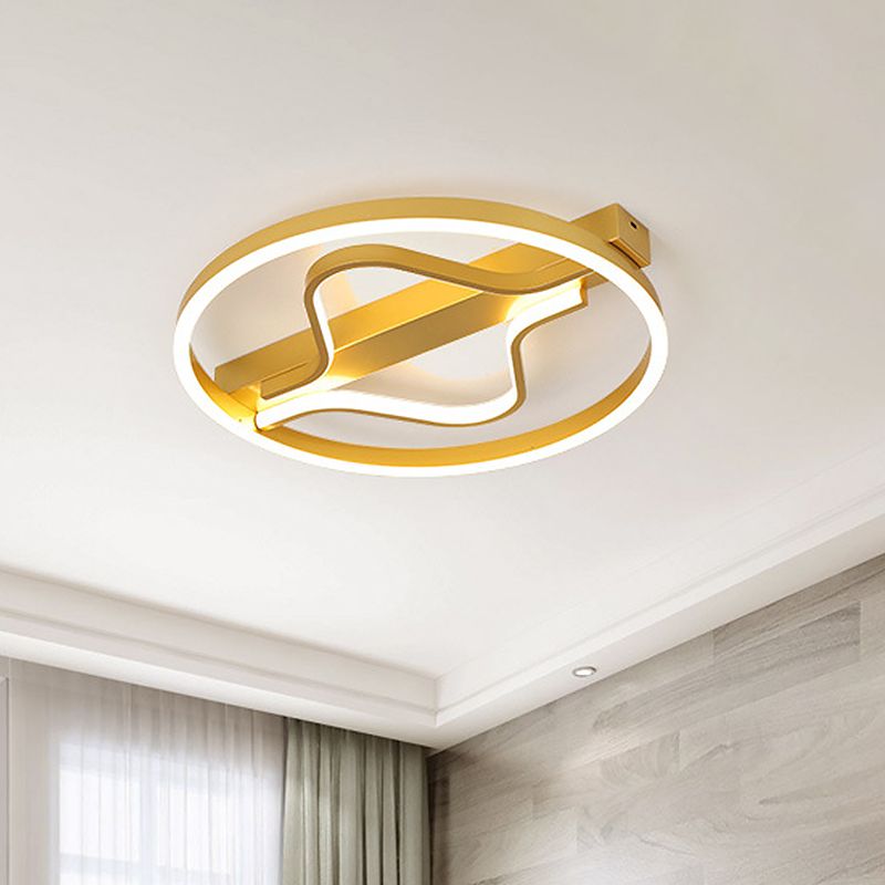 Aluminum Circle Flush Mount Light Modernist Gold 16"/19.5" Wide LED Surface Ceiling Lamp with Ripplet Central, Warm/White Light