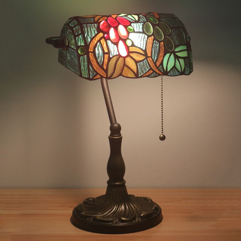 Cut Glass Bronze Nightstand Lamp Rollover Shade 1 Head Baroque Grape Patterned Table Lighting with Pull Chain