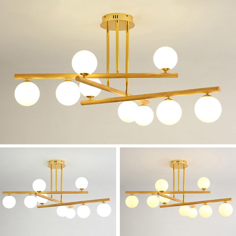 White Glass Bubble Chandelier Modern Gold and Wood Grain Hanging Light for Living Room