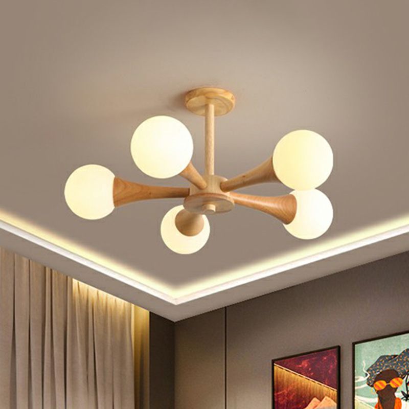 Burst -Ball Kronleuchter nordisches Milchglas Schlafzimmer Suspension Licht mit Holzarm