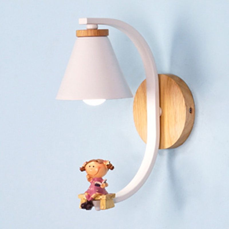 Tapered Wall Mount Light Kids Metallic 1-Light Bedside Wall Lighting with Decorative Figurine in White
