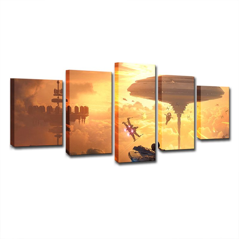 Futuristic Star War Battlefield Art Print Yellow Multi-Piece Wall Decor for Living Room