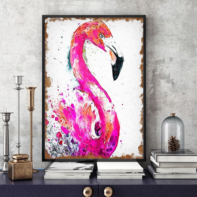 Rose Red Flamingo Painting Canvas Print Textured Wall Art Decor for Girls Bedroom