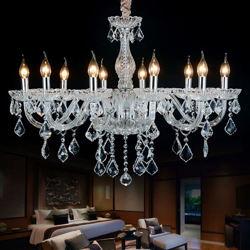 Traditional Beveled K9 Crystal Ceiling Pendant Light Candlestick Suspension Lighting for Living Room