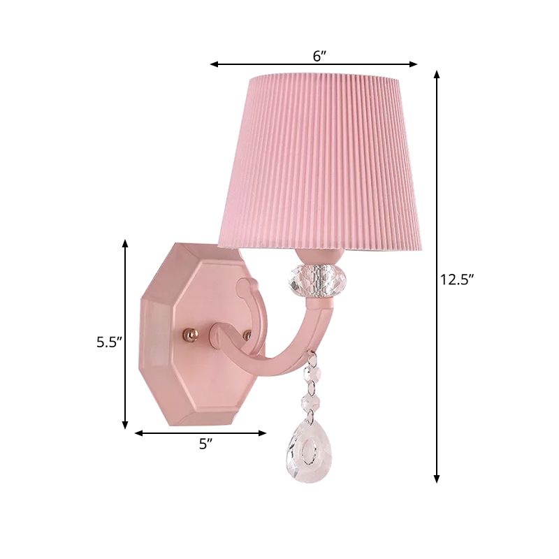 Fabric Fold Tapered Wall Lamp with Clear Crystal Girls Bedroom Kids Sconce Light in Pink Finish