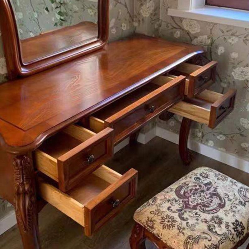 5-Drawer Solid Wood Vanity Makeup Dressing Table with Mirror & Stool in Brown