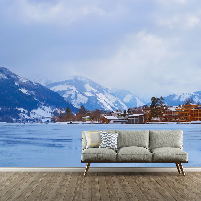 Village Frozen River Scenery Mural Blue Contemporary Wall Covering for Living Room