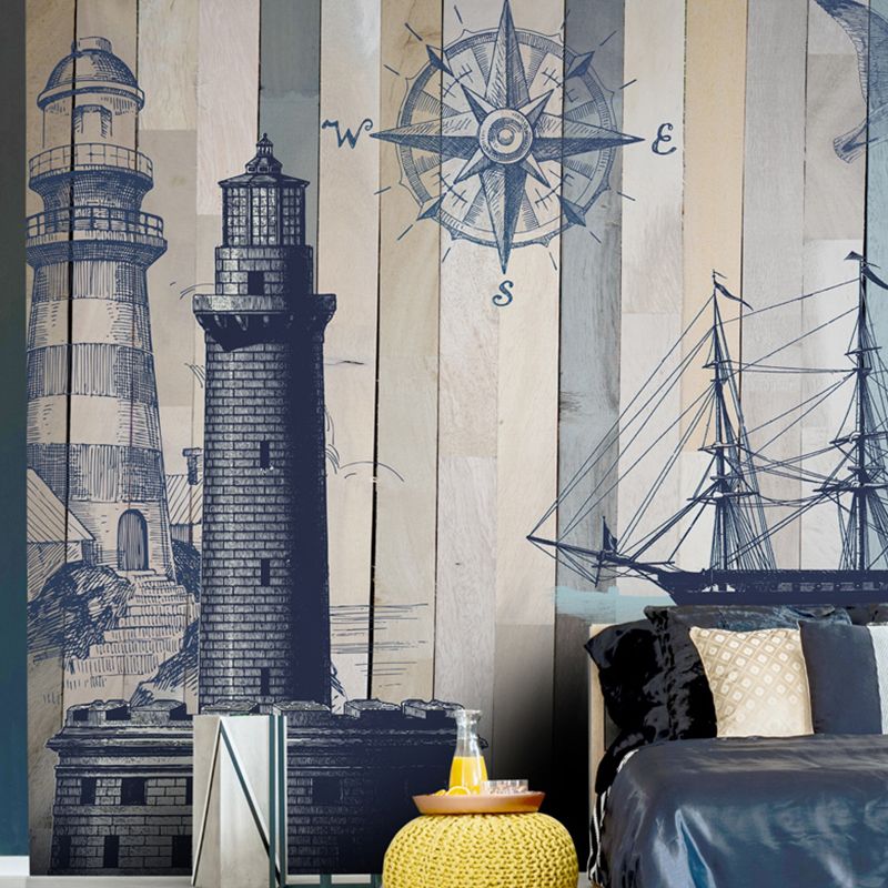 Extra Large Retro Wall Mural in Blue and Grey Beacon and Sailing Boat Wall Covering, Custom-Made