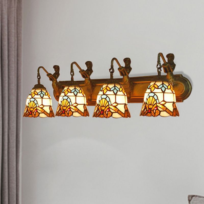 Beige Glass Bell Sconce Lighting Baroque 4 Heads Brass Wall Mount Lighting with Mermaid Decoration