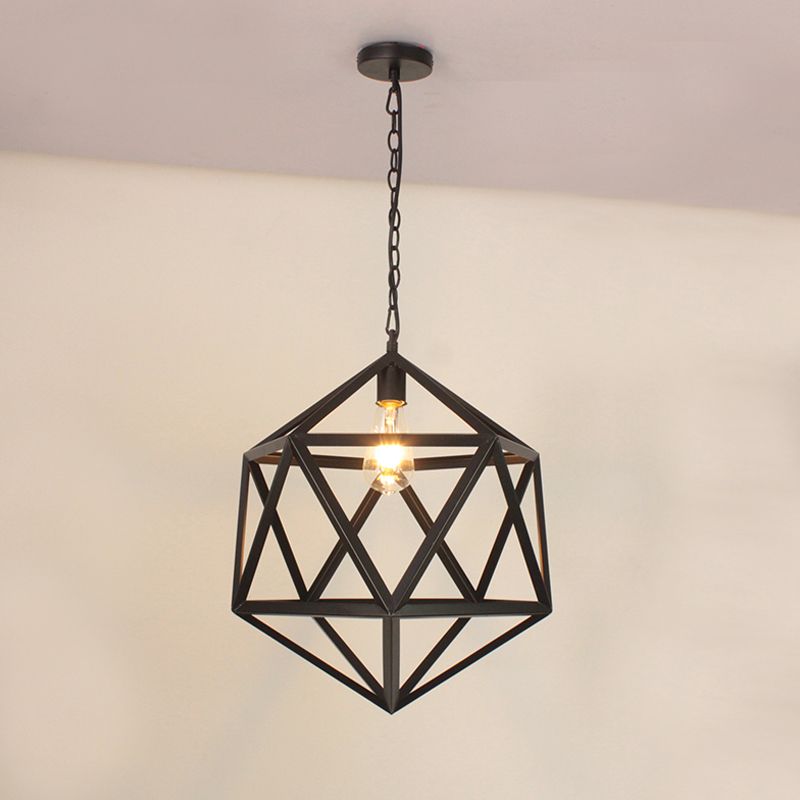 14"/16" Wide 1-Light Pendulum Light Industrial Dining Table Suspension Pendant with Geometric Iron Cage in Black