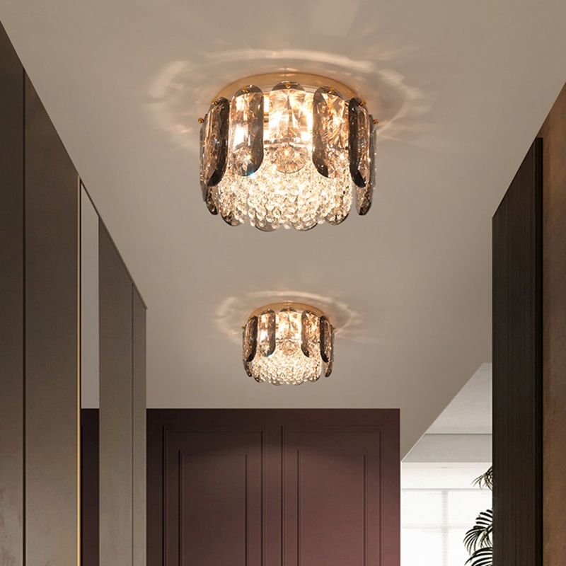 Brass Drum Shaped Flushmount Lighting Modern 3 Lights Crystal Ceiling Light for Corridor