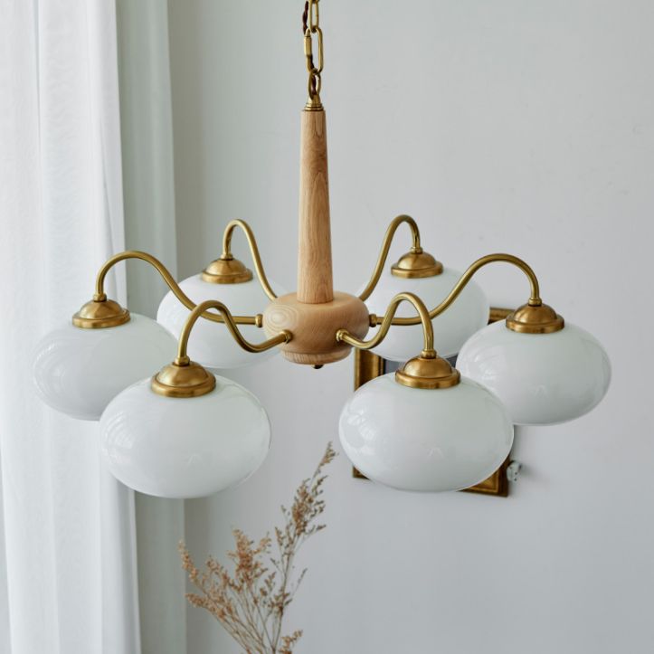 Contemporary Wood Sputnik Ceiling Pendant Glass Hanging Lights for Living Room