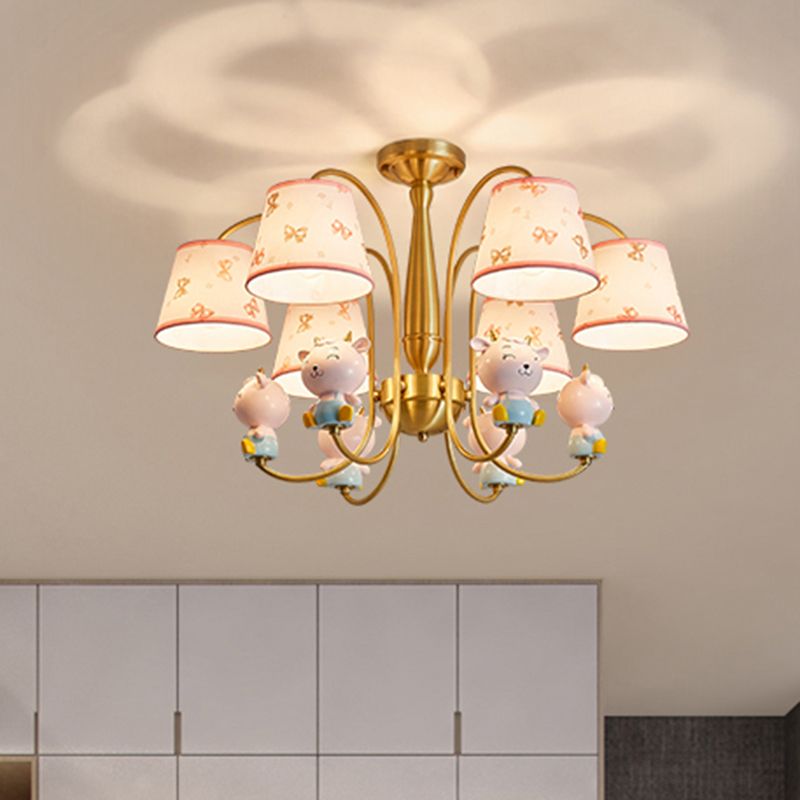 Animal Nursery Ceiling Lighting Resin Childrens Chandelier Light Fixture with Tapered Fabric Shade in Gold