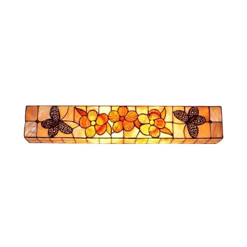 2 Lights Rectangle Wall Lighting with Flower and Butterfly Rustic Shell Wall Mount Light