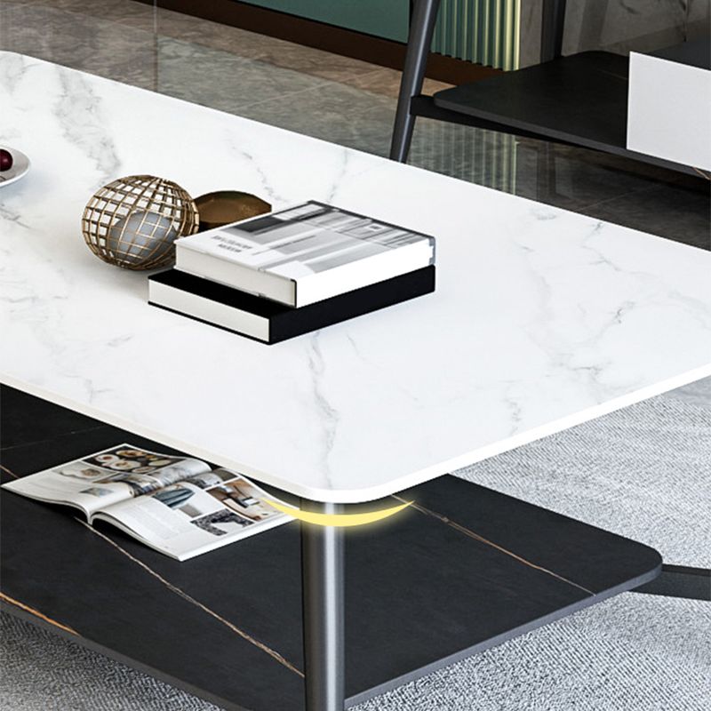 4 Legs 1 Single Coffee Table Rectangular Slate Cocktail Table with Shelf