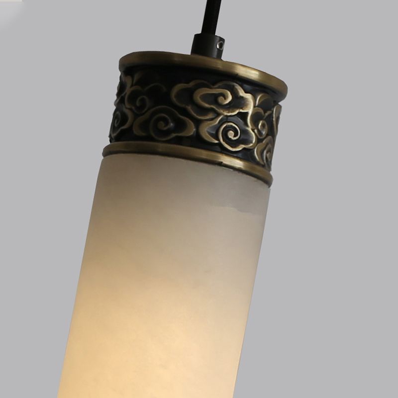 Cylinder Hanging Light Fixture Modern 1-Light White Suspension Lamp with Stone Shade