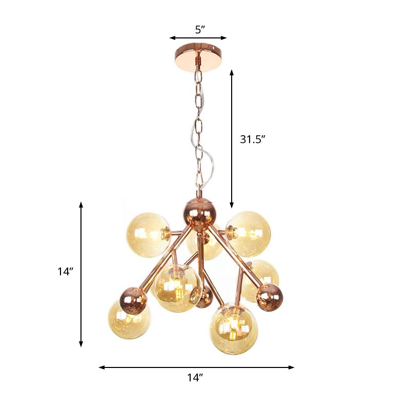 Spherical Living Room Chandelier Light Amber Glass 9 Heads Modern Ceiling Suspension Lamp