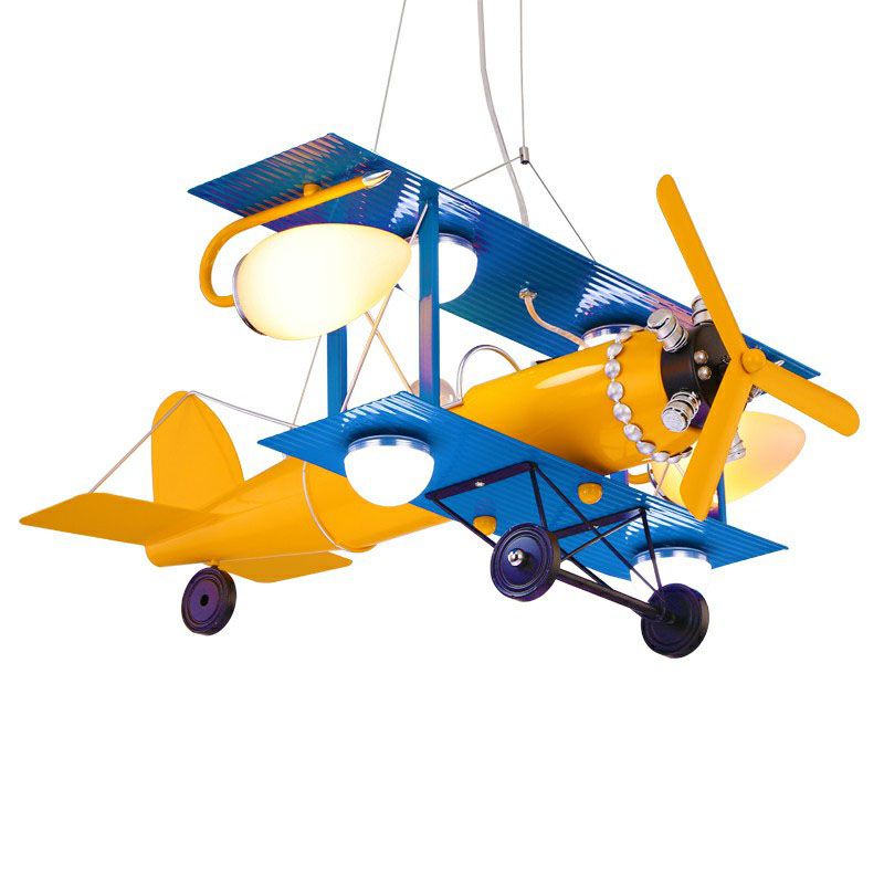 Jet Plane LED Ceiling Lighting Childrens Metallic Nursery Chandelier Light with Cream Glass Shade in Yellow