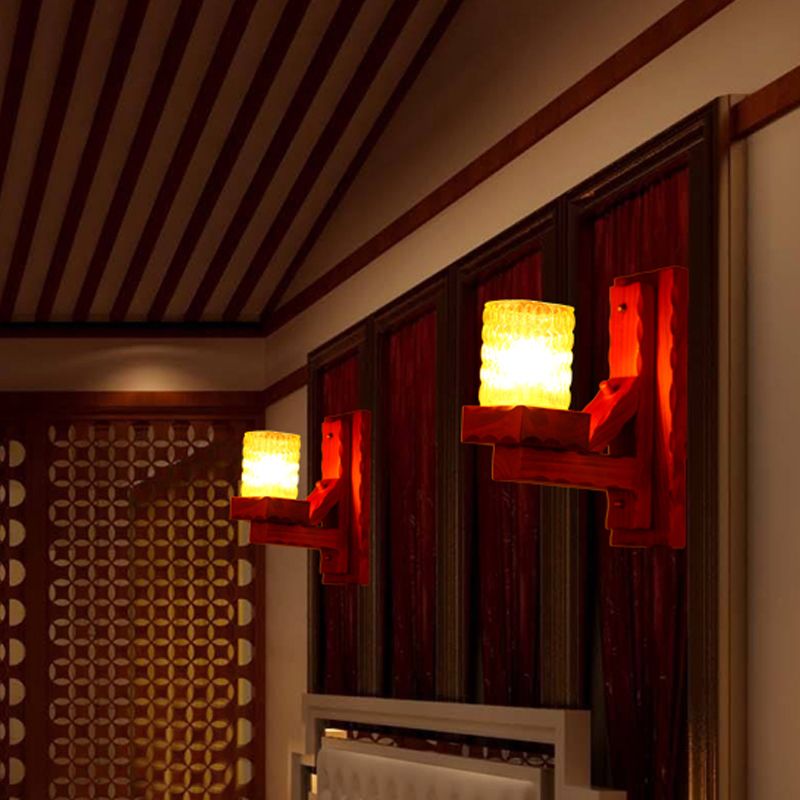 Red Brown Cylinder Wall Mount Lamp Traditional Dimple Glass 1/2-Light Bedroom Sconce Light Fixture with Wood Arm