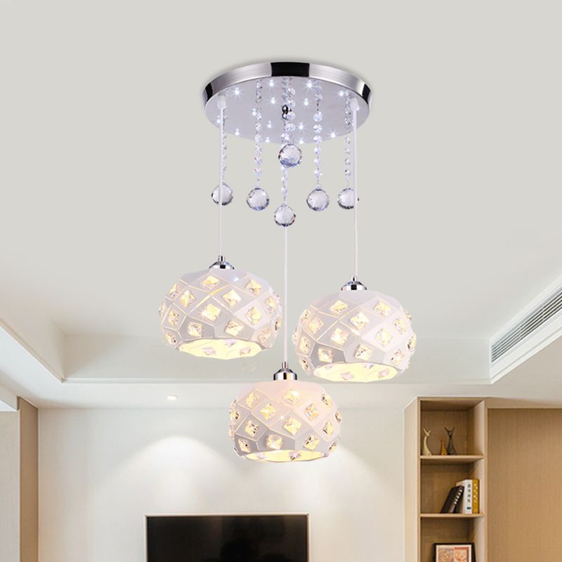Modernistischer Drum Cluster Anhänger Eisen 3 Köpfe Esszimmer Kristall hängende Deckenlampe in Weiß