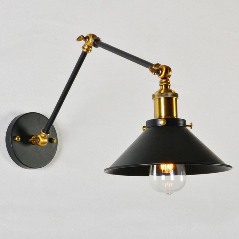 8"+8"/12"+12" W 1 Bulb Cone Wall Light Warehouse Black/White and Brass Iron Swing Arm Task Wall Lamp for Bedroom