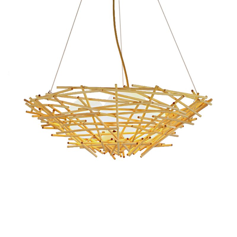 Birdnest Suspension Pendant Contemporary Wood 1 Bulb Beige Hanging Light Kit, 16.5"/24.5" Wide