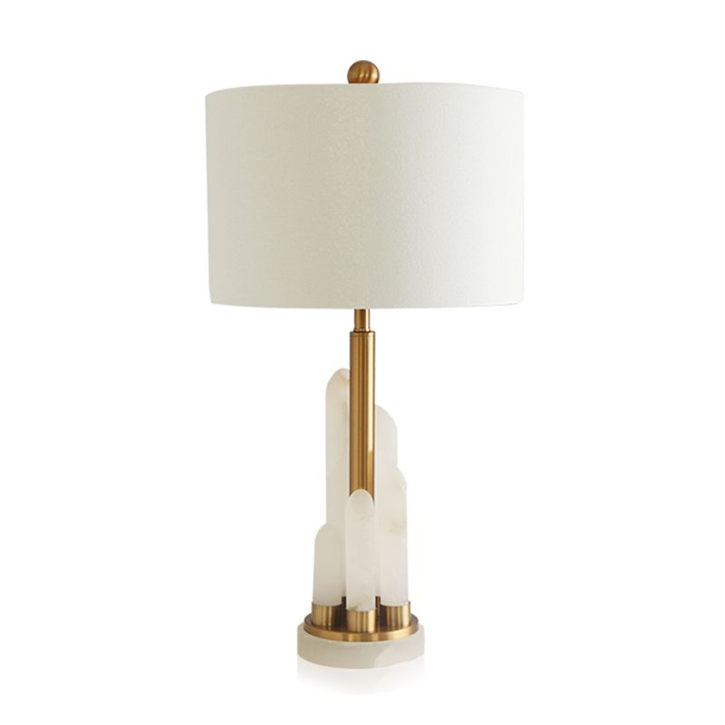 Minimalist Drum Table Lighting Fabric 1��Head Bedside Nightstand Lamp with Mica Base in White