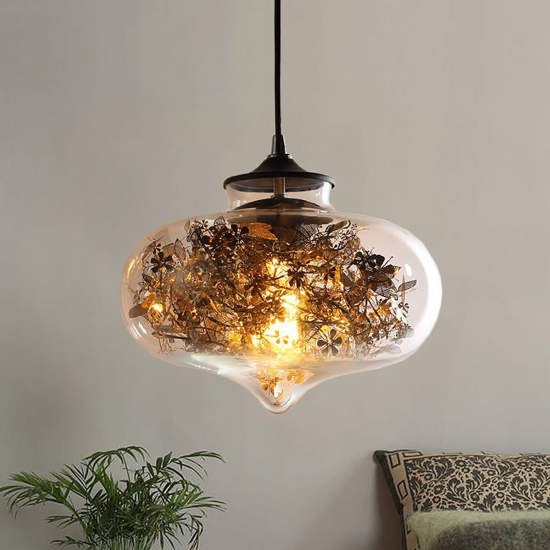 Clear Glass Oval Hanging Lighting Modern 1 Light Ceiling Lamp in Black with Shattered Leaves Deco